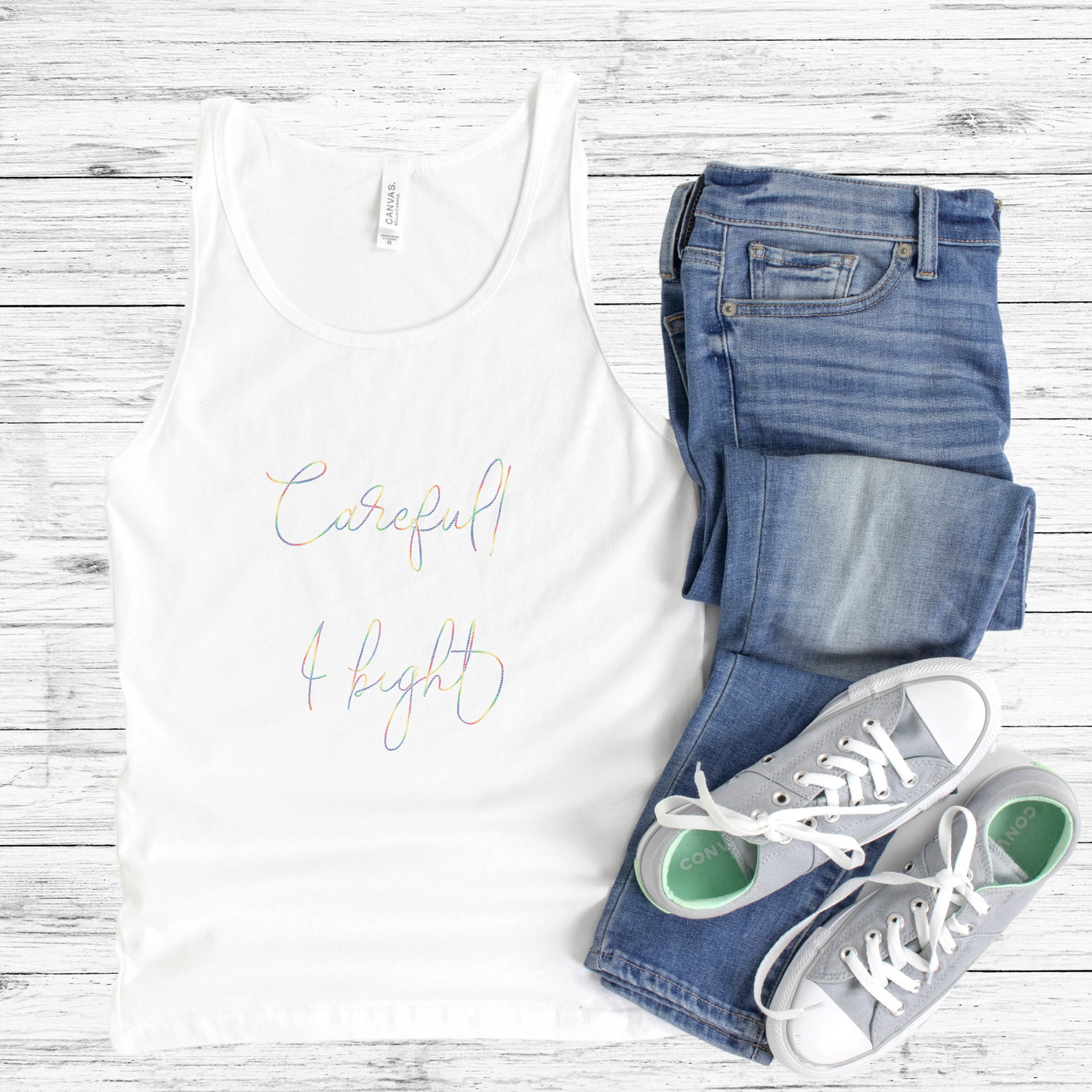 Careful, I Bight β Rainbow Premium Unisex Tank Top